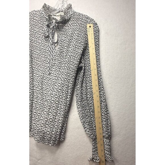 Max Studio Black White Floral Geoprint Elastic Cuff Tie Front Blouse Tunic L Top - Picture 9 of 9